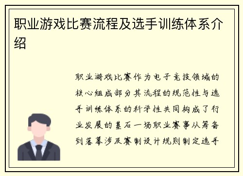 职业游戏比赛流程及选手训练体系介绍