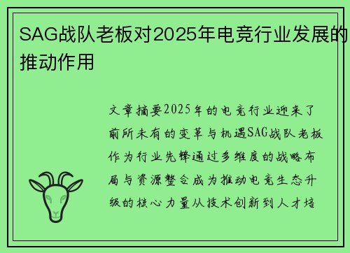 SAG战队老板对2025年电竞行业发展的推动作用